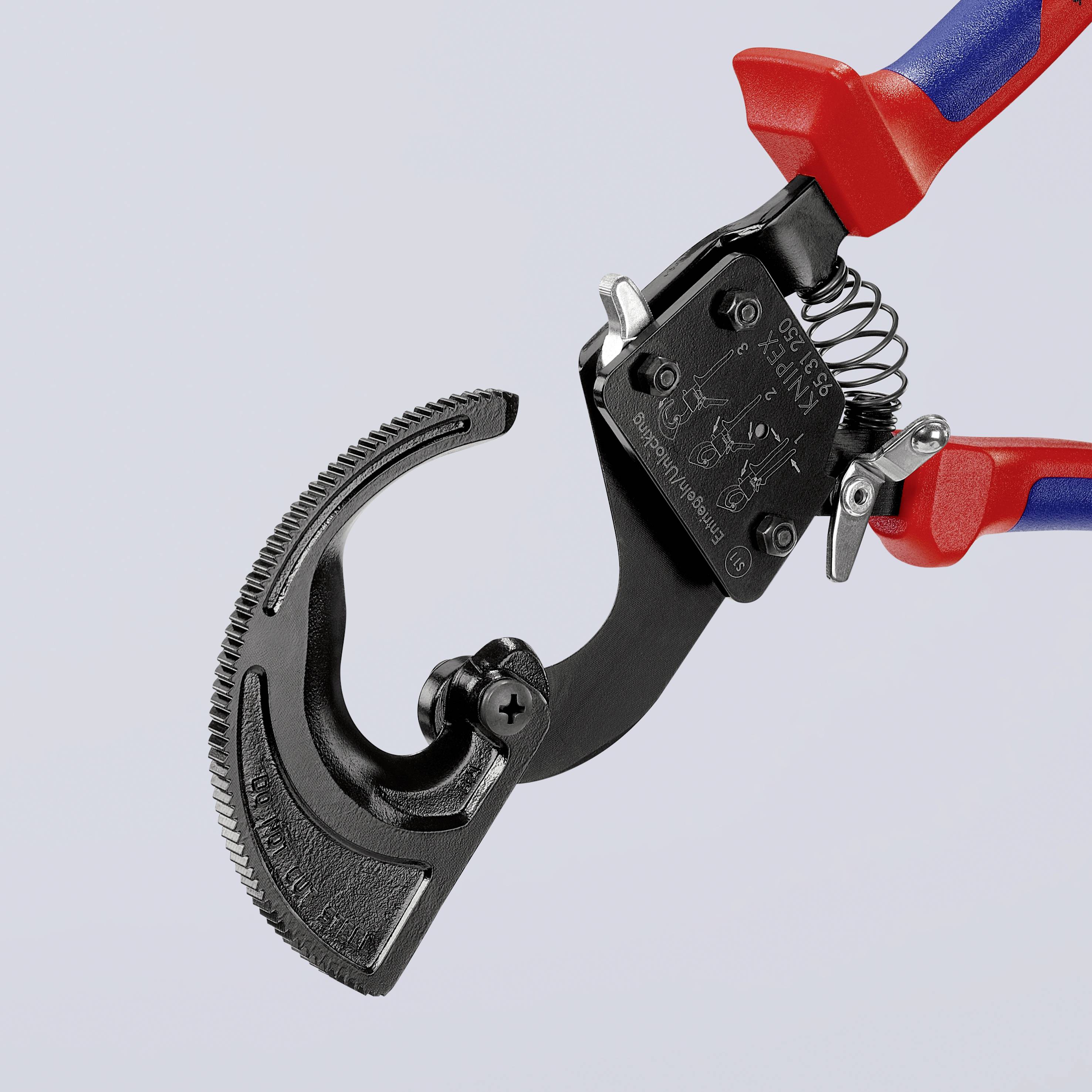 Grip tongs with a red and blue handle, open, showing serrated gripping surfaces. They are used for gripping or holding objects.