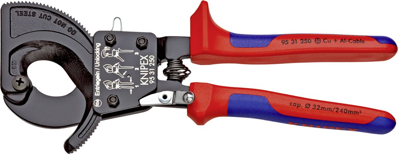 'Knipex' cable cutters, suitable for copper and aluminium cables with a maximum diameter of 32 mm. Red and blue handles for improved grip.