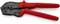 A red crimping pliers with a black head, suitable for crimping connectors onto wires or cables.