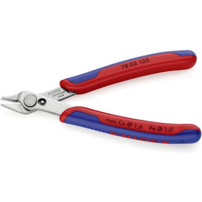 Electronics side cutters by KNIPEX with red and blue handles. Suitable for copper wires up to 1.6 mm and iron wires up to 1.0 mm.