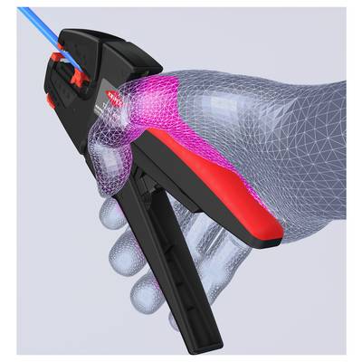 A digital illustration shows a wire stripper tool in action, with a mesh hand grip highlighting ergonomic design.