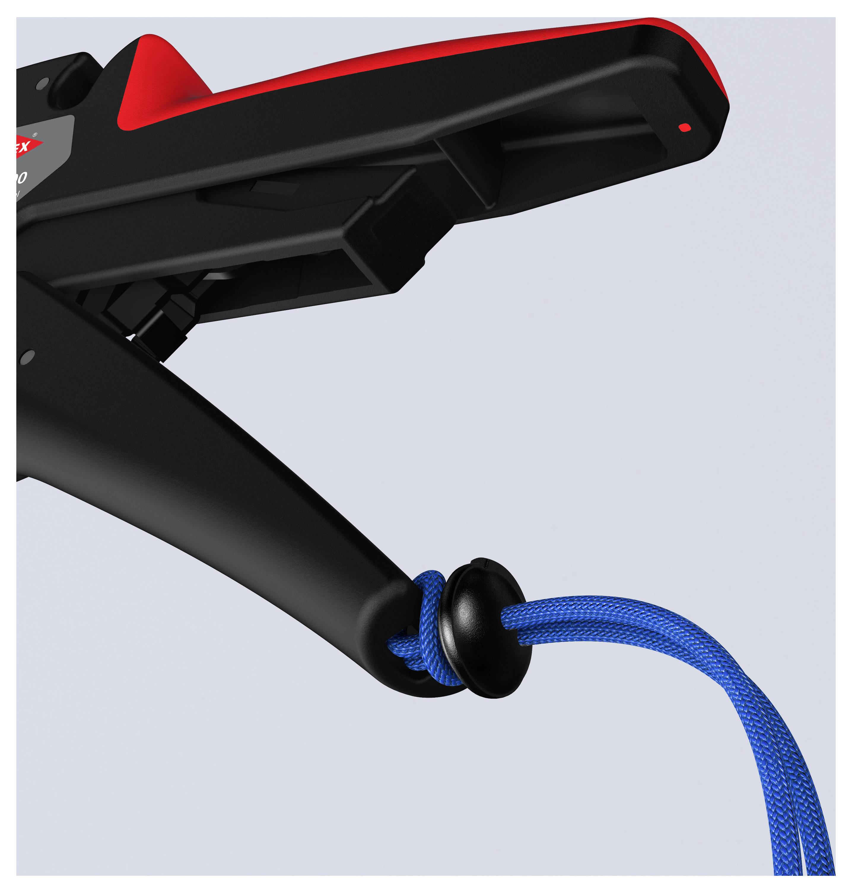 A close-up image of a black and red tool gripping a blue rope, showcasing its mechanism. The background is a neutral light gray.