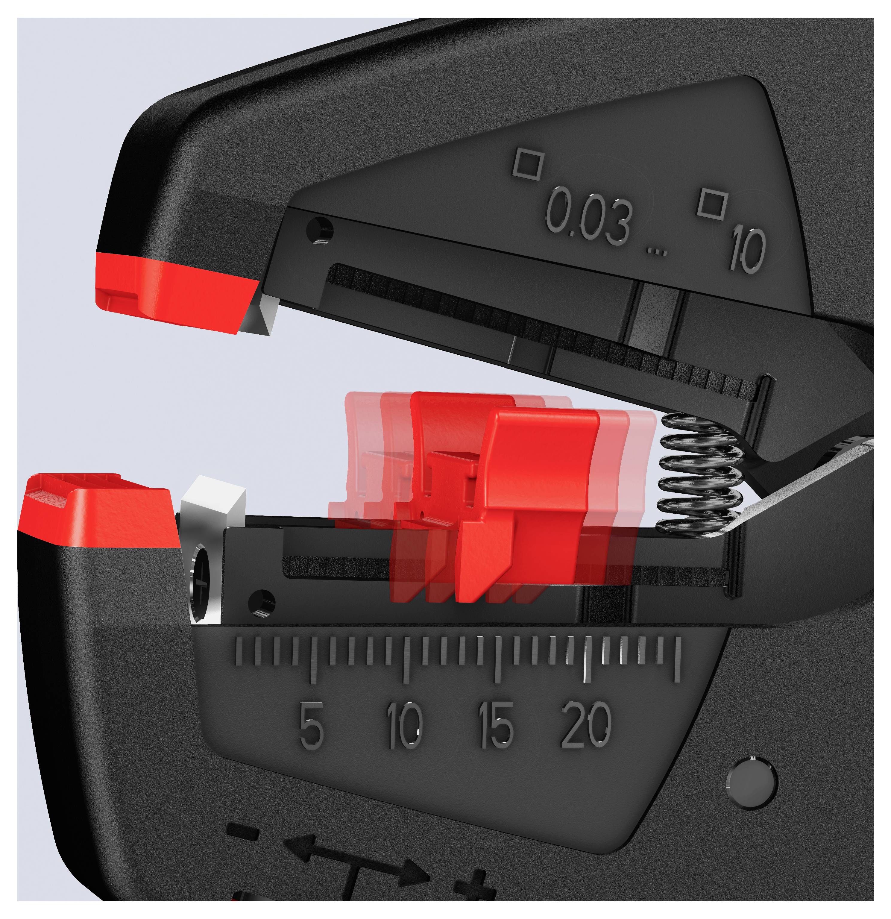 A close-up of a wire stripper tool, with red highlights, showing adjustable settings for wire size and tension, with a spring mechanism.