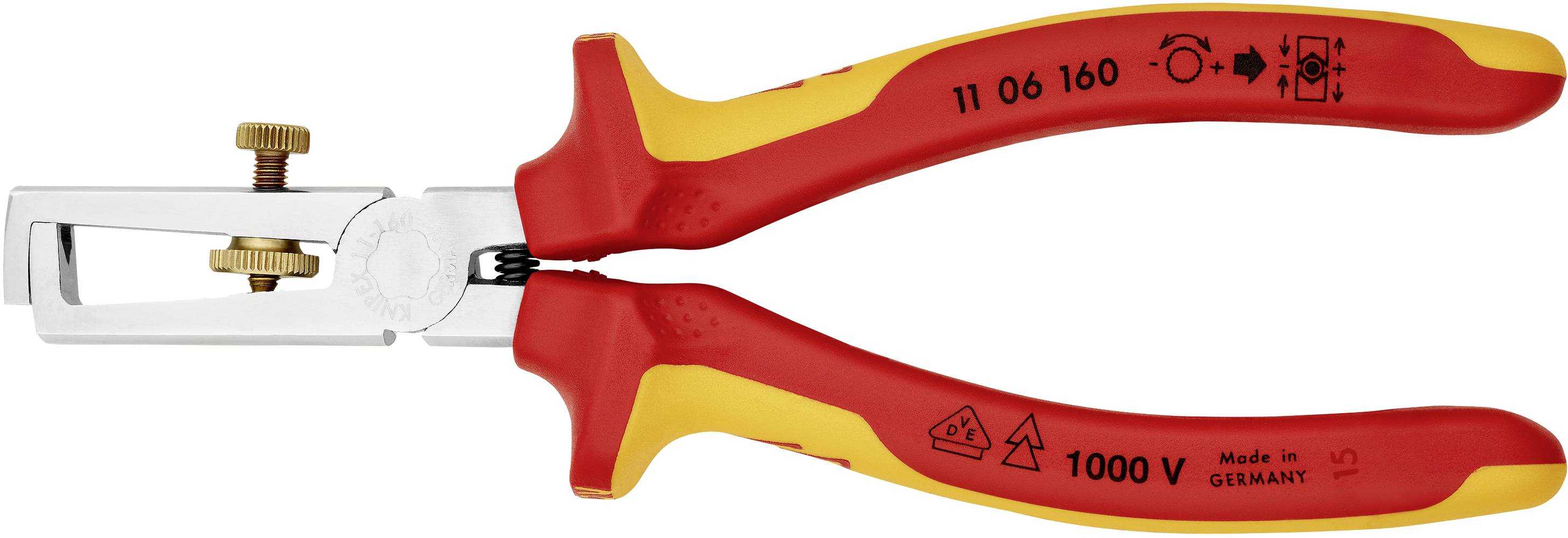 Wire stripping pliers with red and yellow handle, scale from 11 to 160, suitable for work on electrical cables up to 1000 V. Made in Germany.