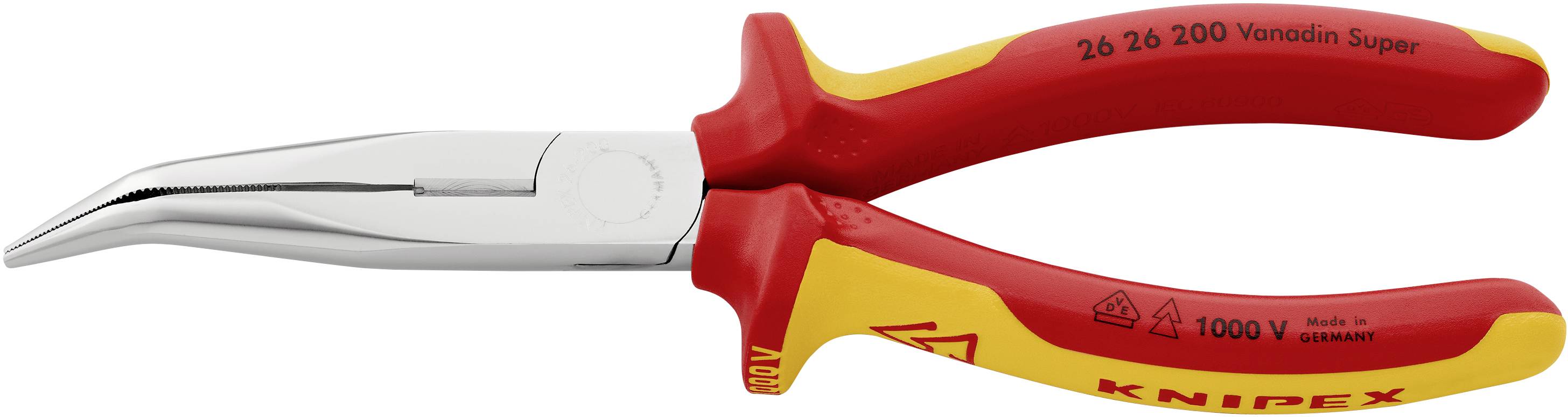 Angled needle-nose pliers with red and yellow insulated handles, suitable for work on electrical circuits.