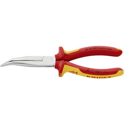 Angled needle-nose pliers with red and yellow insulated handles, suitable for work on electrical circuits.