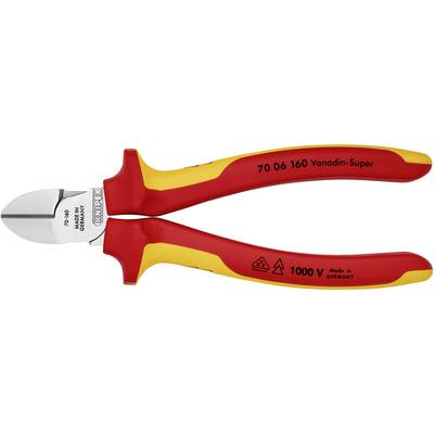 A red and yellow electronic wire cutters with insulated handles, marked with '1000 V' and 'Made in Germany', suitable for live working.