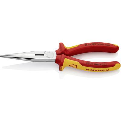 Pliers with a long, pointed jaw, red and yellow handle. Inscription 'Knipex'. Suitable for work up to 1000V.