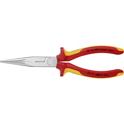 A red and yellow insulated long-nose electrical pliers with ergonomic handles, suitable for work up to 1000V.