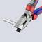 A pipe wrench is gripping a metal rod. The handles of the wrench are red and blue.