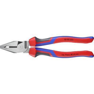 Pictured is a red combination pliers with blue handles by Knipex, marked with 'cap. Piano Ø 2.5 mm'.