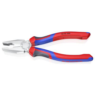 A combination pliers with red and blue handles, suitable for gripping and cutting wires and other materials.
