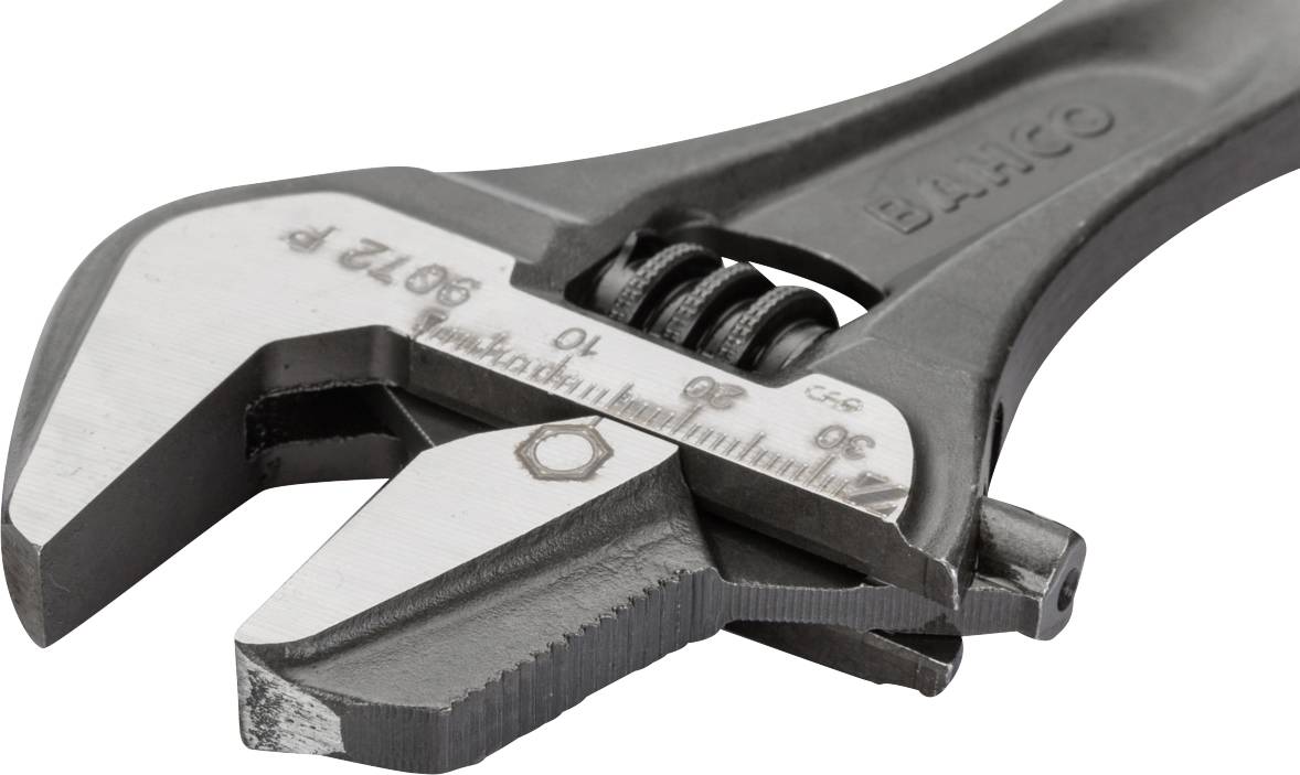 Metal adjustable spanner with scale for measuring the opening.
