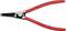 A red circlip pliers with black tips, suitable for rings from 40-100 mm. 'Chrome-Vanadium' inscription on the handle.