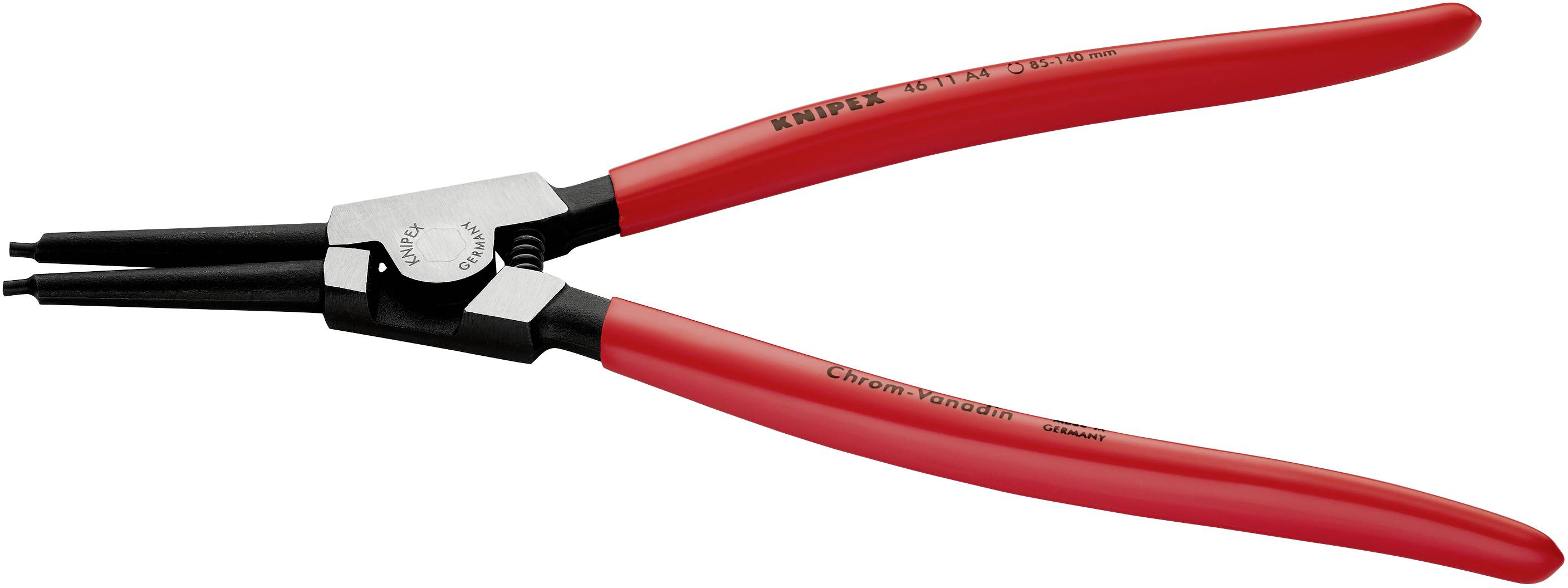 A red circlip pliers with curved tips, suitable for installing or removing circlips on mechanical parts.