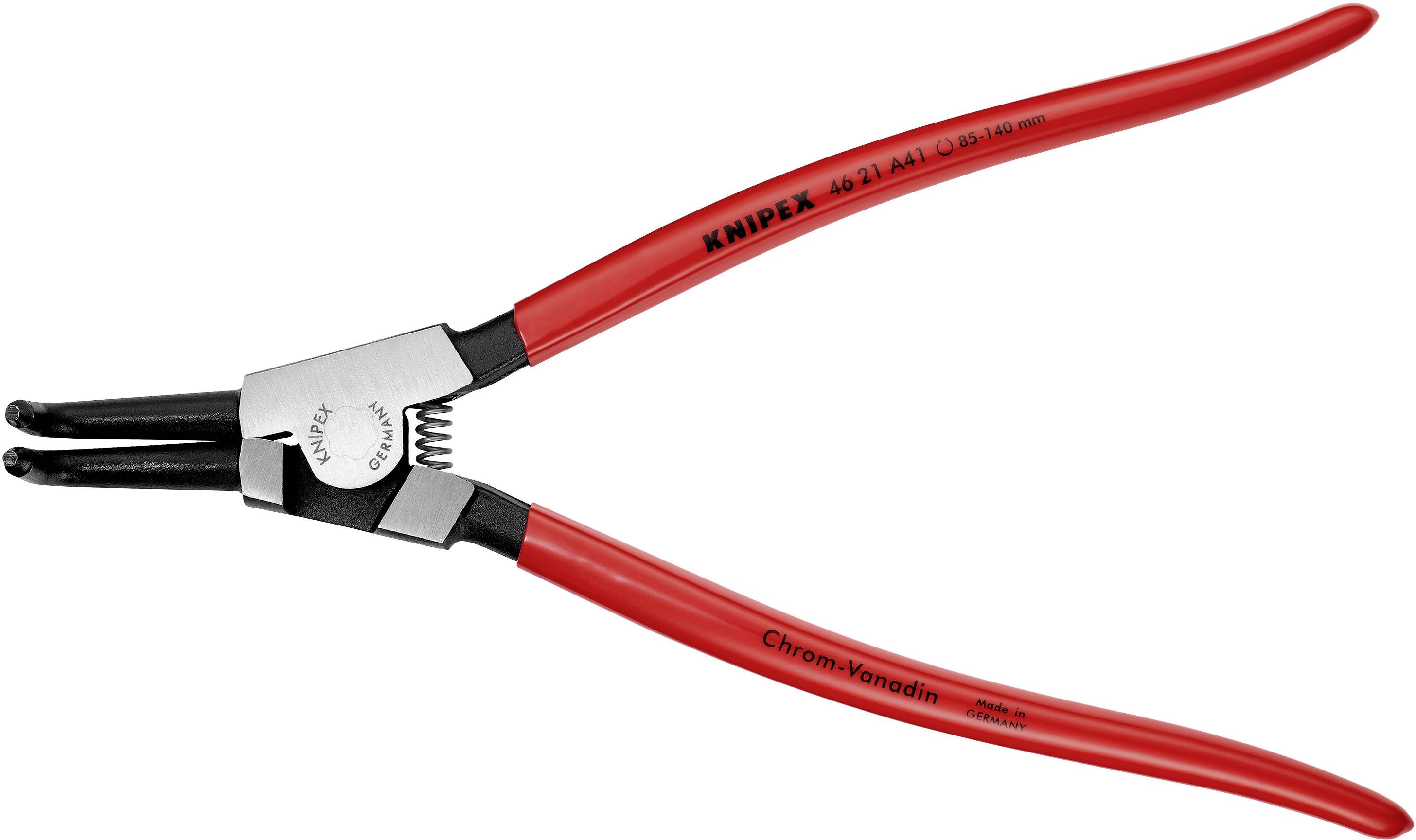 A red Knipex circlip pliers, model 46 21 A11, with spring-loaded handles. Suitable for internal circlips in bores.