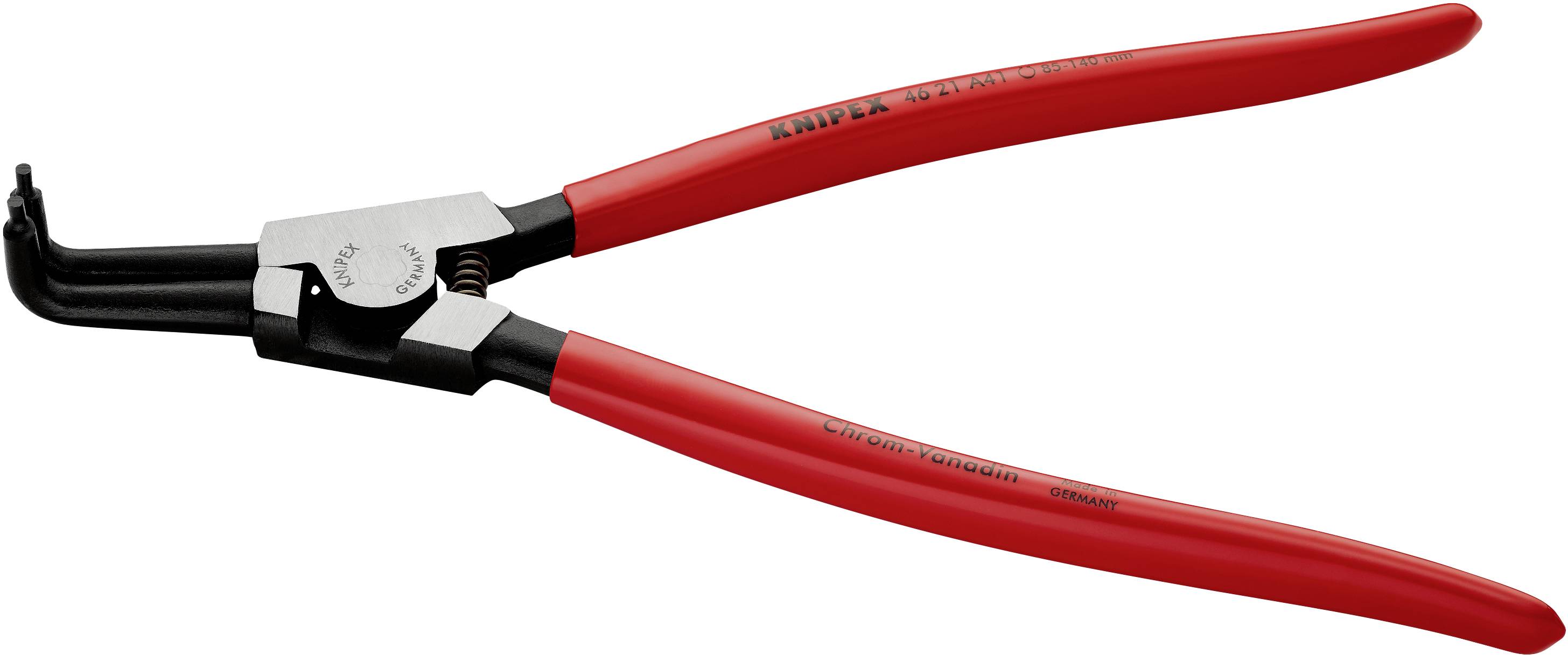 Red, long-handled grip tongs with a curved head and black jaws. Suitable for precise gripping in technical applications.