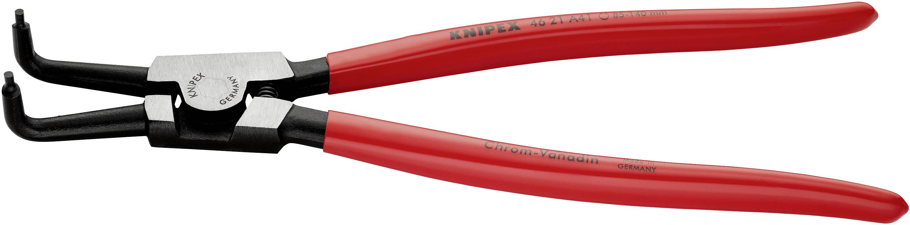 Red circlip pliers with curved tips for precision gripping and removal of circlips in mechanical applications.