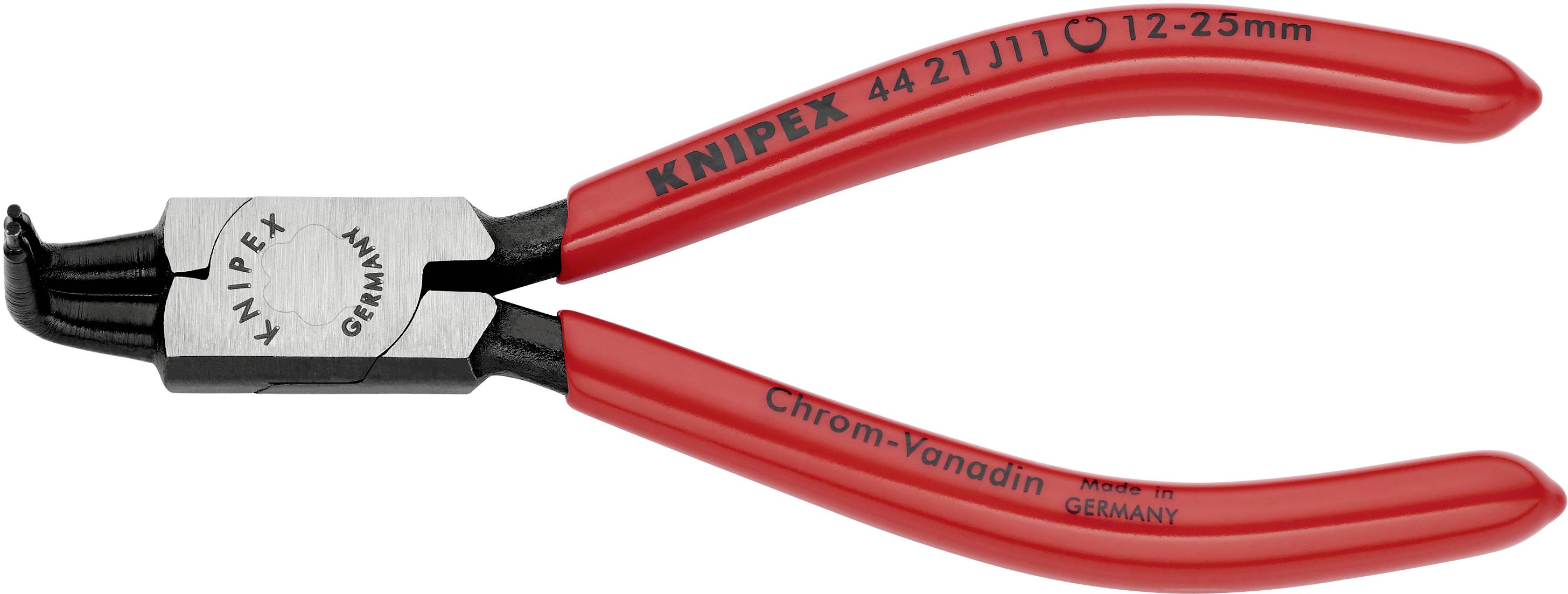 Red pliers with the inscription 'KNIPEX 4421J11 Chrome Vanadium 12-25mm'. Suitable for gripping and holding workpieces.