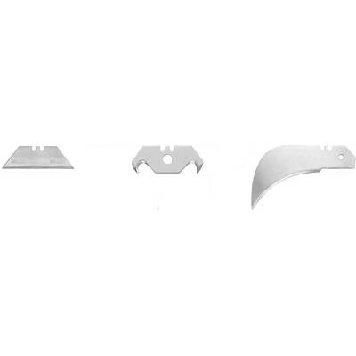 'Three different types of blades: flat blade, hook blade and curved blade, arranged side by side in a row.'
