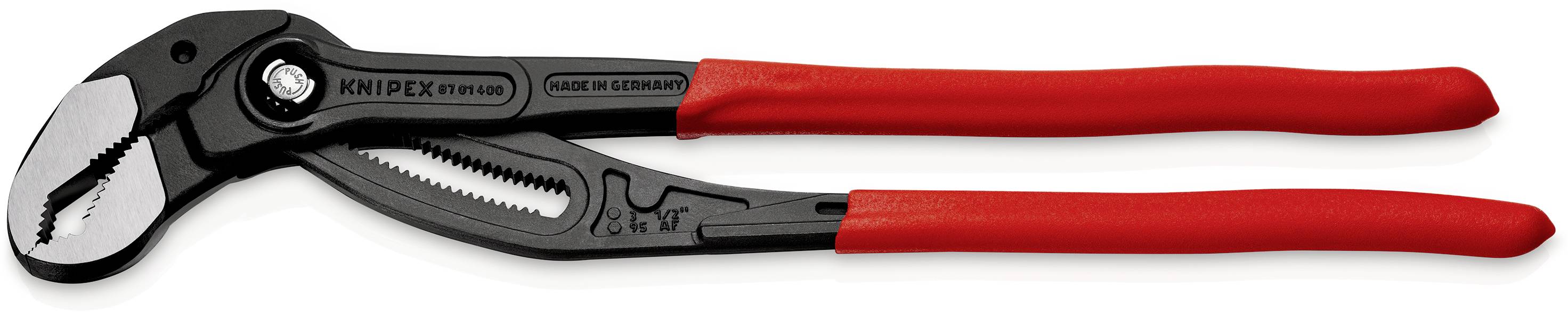 Red water pump pliers with adjustable slip joint and toothed jaws for gripping pipes and nuts.