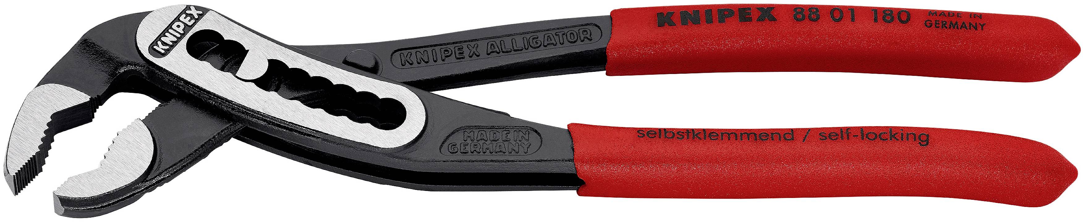 A black water pump pliers with red handles, brand 'KNIPEX', model number '86 01 180', with self-locking function.
