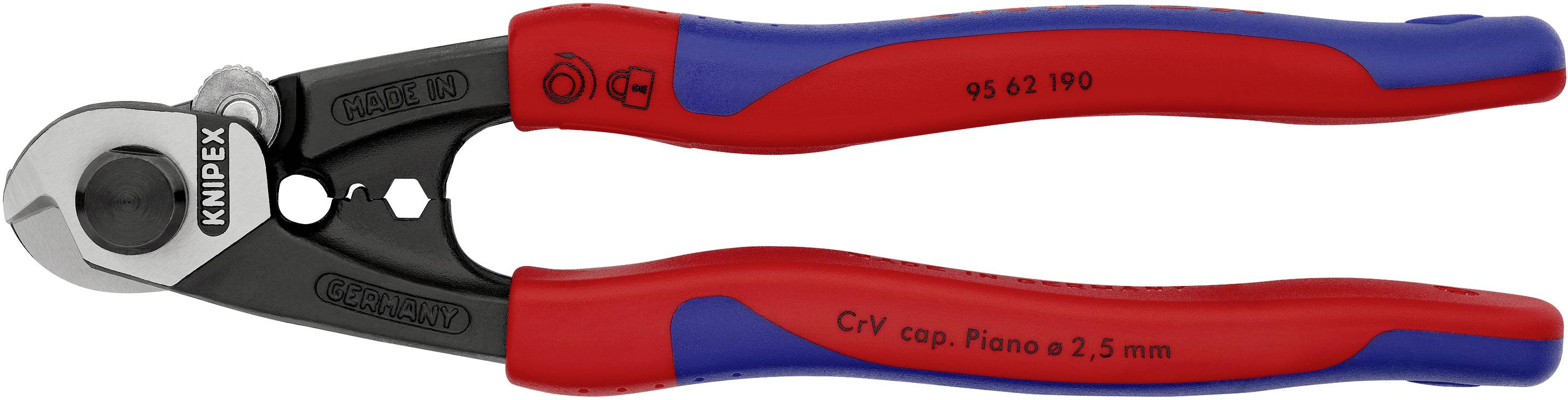 Wire cutters with red and blue handles, black cutting head, suitable for cutting wire up to 2.5 mm. Brand name on handle.