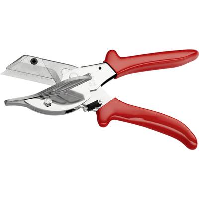 Red scissors with a silver blade on a white background, suitable for cutting materials such as plastic or thin metal.