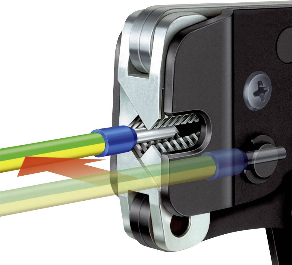 A crimping plier when crimping a cable connection, with two colourful cables being guided through the tool to establish a connection.