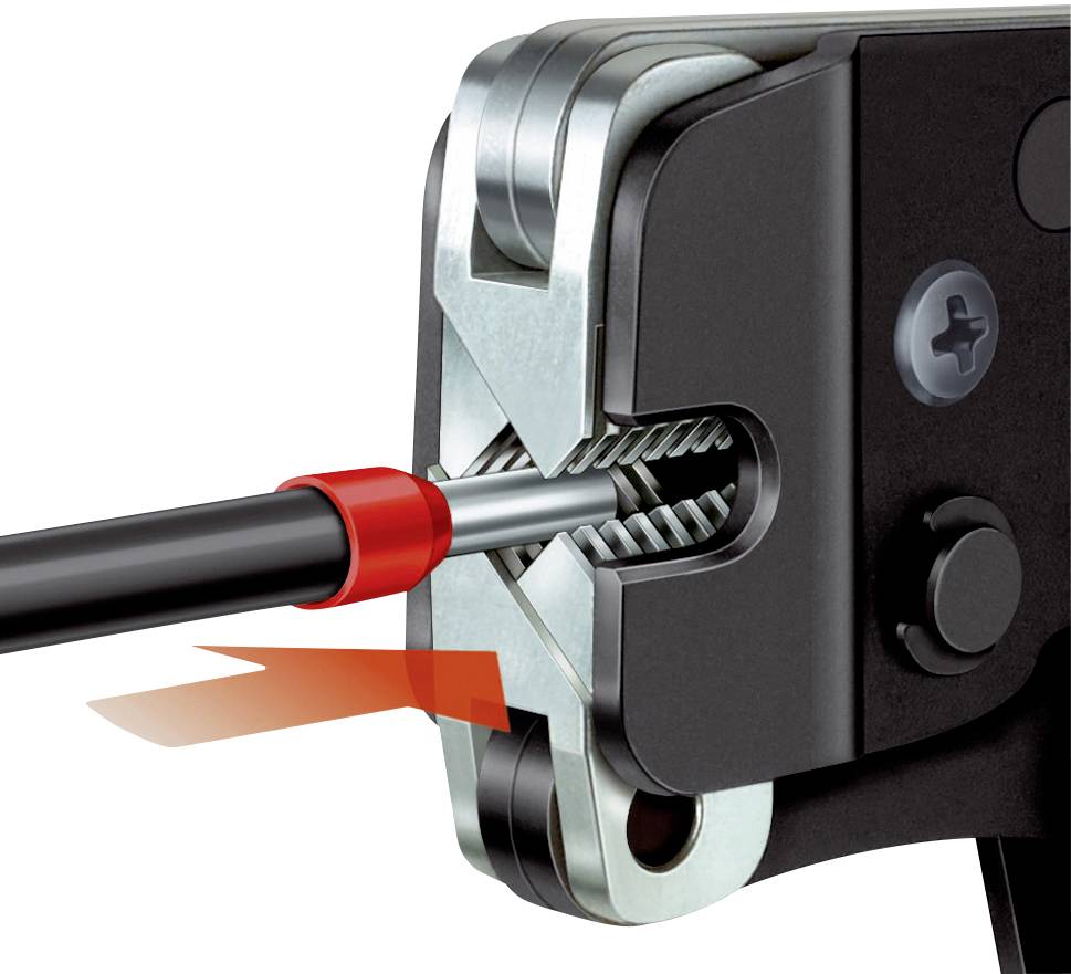 Close-up of a tool stripping a cable. The cable is guided through the tool to remove the outer sheathing.