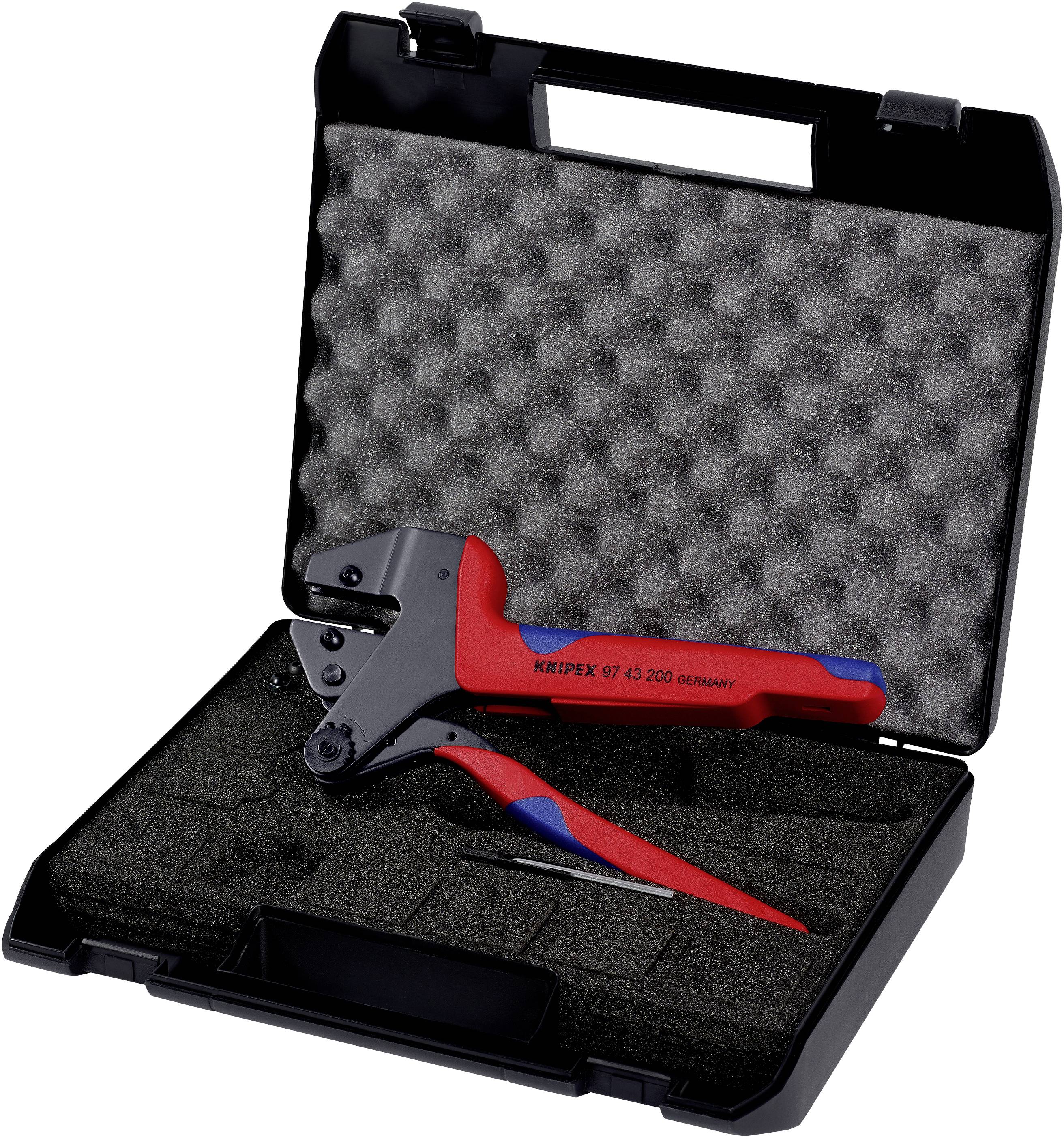 A tool case with a crimping plier set is open. The crimping pliers are nestled in a foam insert within the case.