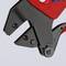 Close-up of a black metallic gripping mechanism with a red plastic handle, potentially a tool for light industrial or DIY work.