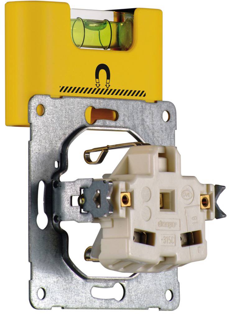 'A yellow spirit level magnetic tool on a metal bracket with a white plastic hinge element for precise alignment.'