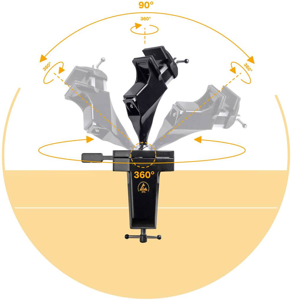 A vice that rotates 360 degrees and tilts at a 90-degree angle is shown in various positions.