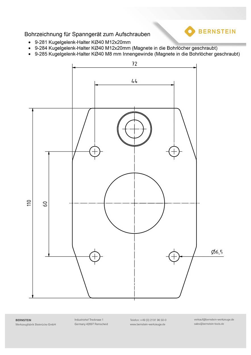 Technical drawing of a mounting plate for a door latch, showing drilling pattern and dimensions with four corner holes, a central large hole, and a smaller top hole.