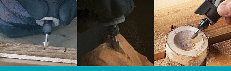 Three photographs demonstrate wood engraving using various tool attachments: a straight groove, a curved surface, and an indentation in a round piece of wood.