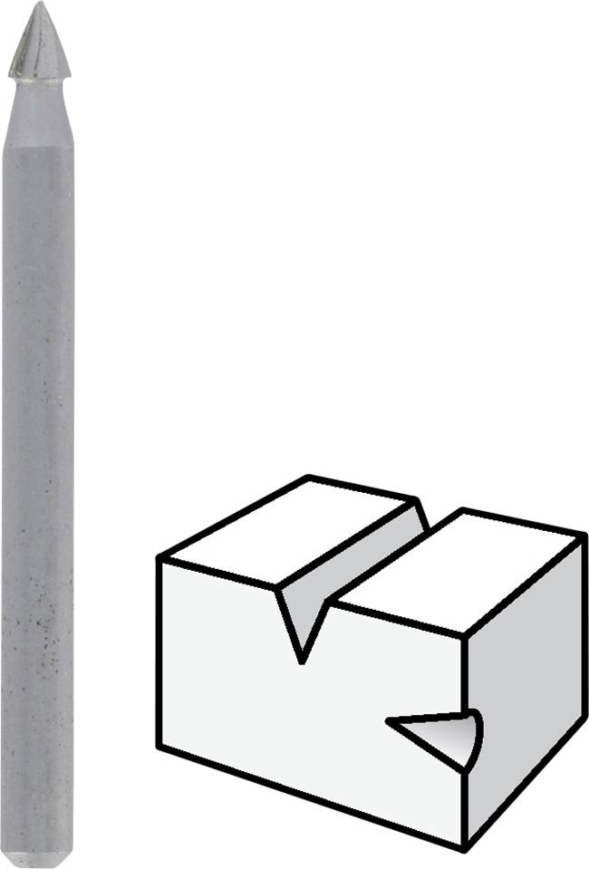A drill bit with a pointed tip next to a schematic representation of a groove with angled edges in a block.