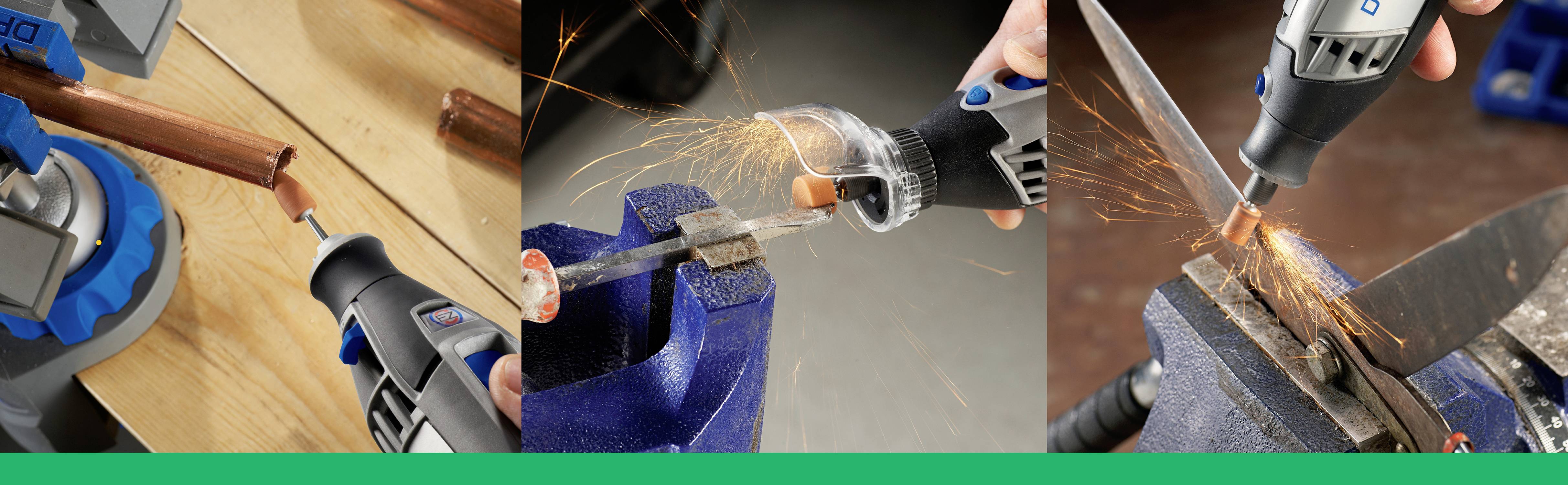 'Three images show different applications of a multi-purpose tool: cutting metal, grinding a rod, and sharpening a knife.'