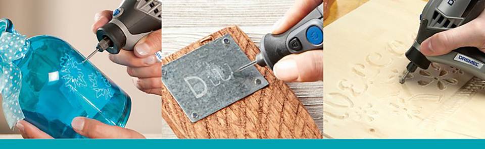 Three images show the use of a multi-functional tool: engraving on glass, metal engraving with the word 'You', wood decoration.