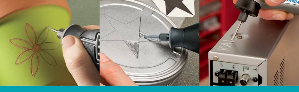 'Three images of engraving processes: Flower on clay, star on metal, letters on silver block. Different surfaces and tools.'