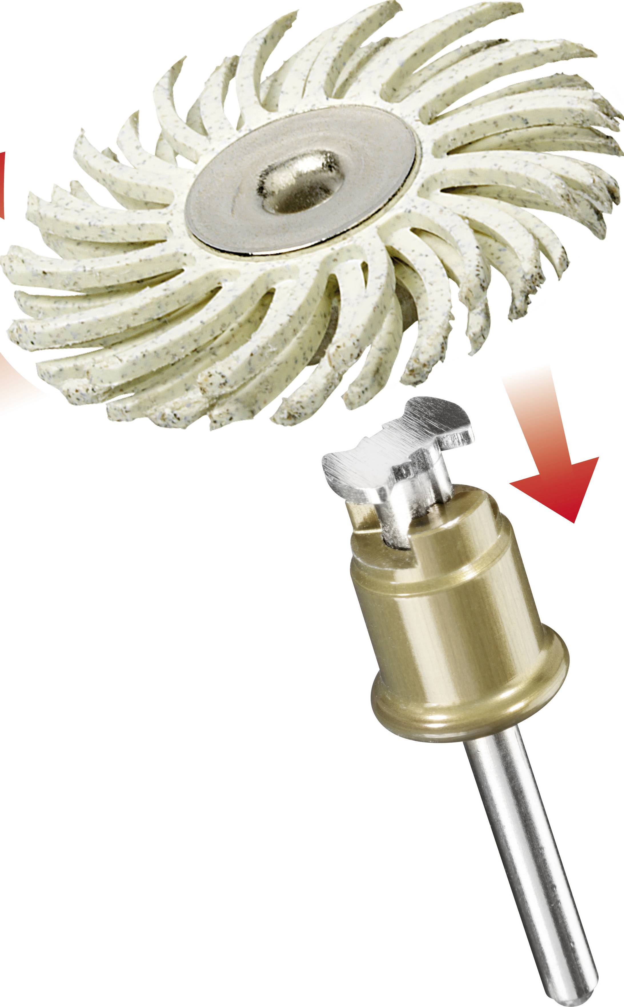 Two tools with rotating discs and cylindrical shafts. One has white radial bristles, the other is made of metal.