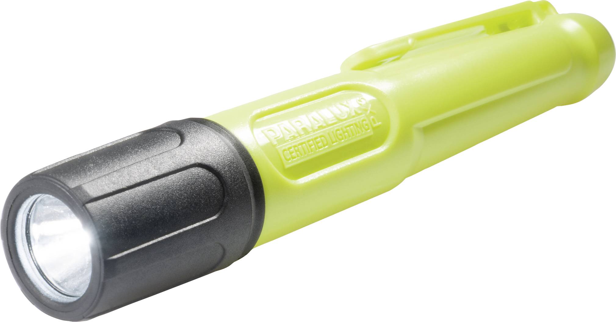 Yellow torch with a black handle, illuminating at the front. Brand logo and 'Industrial' are engraved on the side.