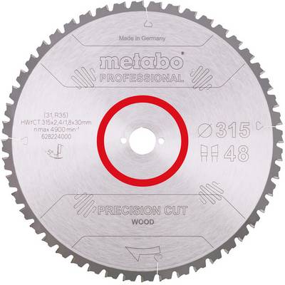 Circular Metabo Professional precision-cut wood saw blade, silver with red ring, labeled 'Made in Germany', 'Ø315' and '48' teeth.<br>