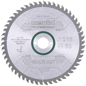 Metabo multi cut - professional, 216x30, Z60 FZ/TZ, 5°neg. 628083000 Carbide metal circular saw blade 216 x 30 x 1.8 mm Number of cogs: 60 1 pc(s)
