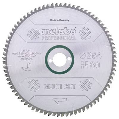 'Circular saw blade with 'metabo PROFESSIONAL' branding, 'Made in Germany,' and specifications: 254 mm diameter, 80 teeth, MULTI CUT type.'