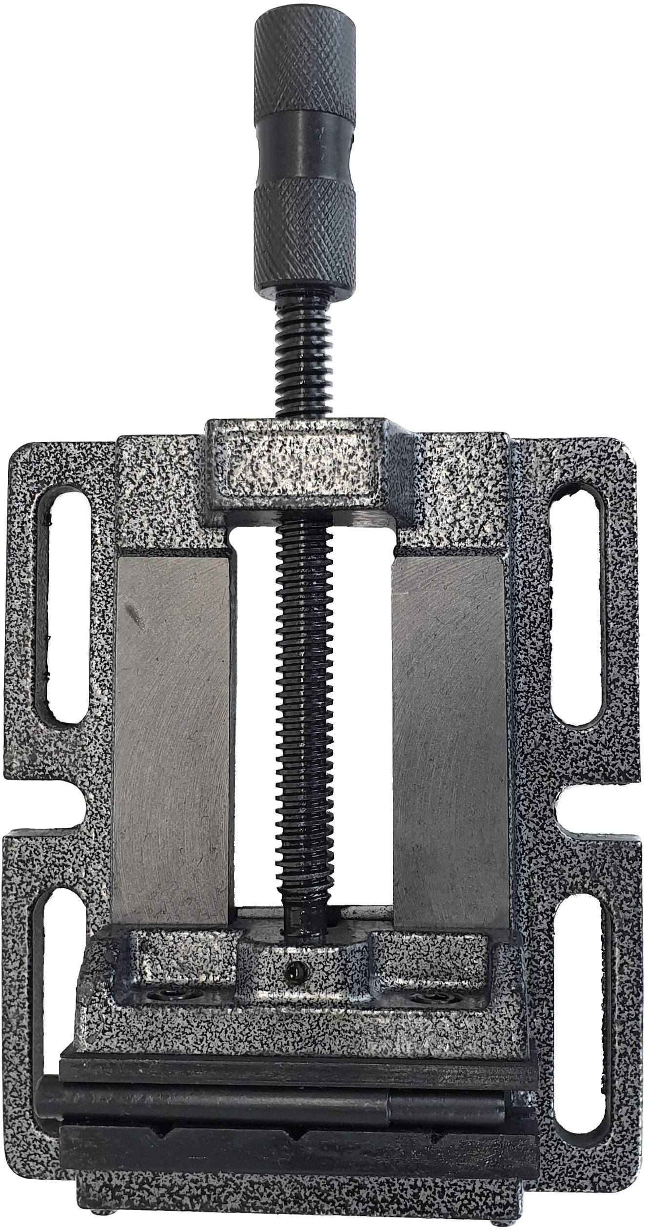 Metallic grey drill press vice for securing workpieces, with a rotating clamping screw for precise adjustment.