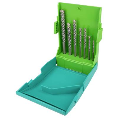 Open plastic drill bit case with multiple metal drill bits arranged by size in green and teal holder.