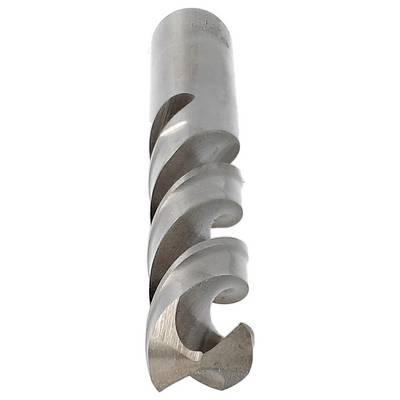 Close-up of a metal drill bit with deep spiral flutes, shown vertically on a white background.