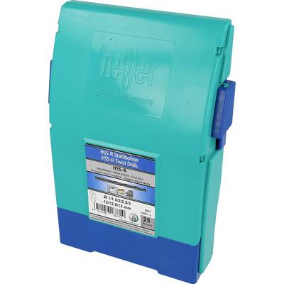 Turquoise and blue Heller drill bit storage case with a labeled front panel, shown closed on a white background.