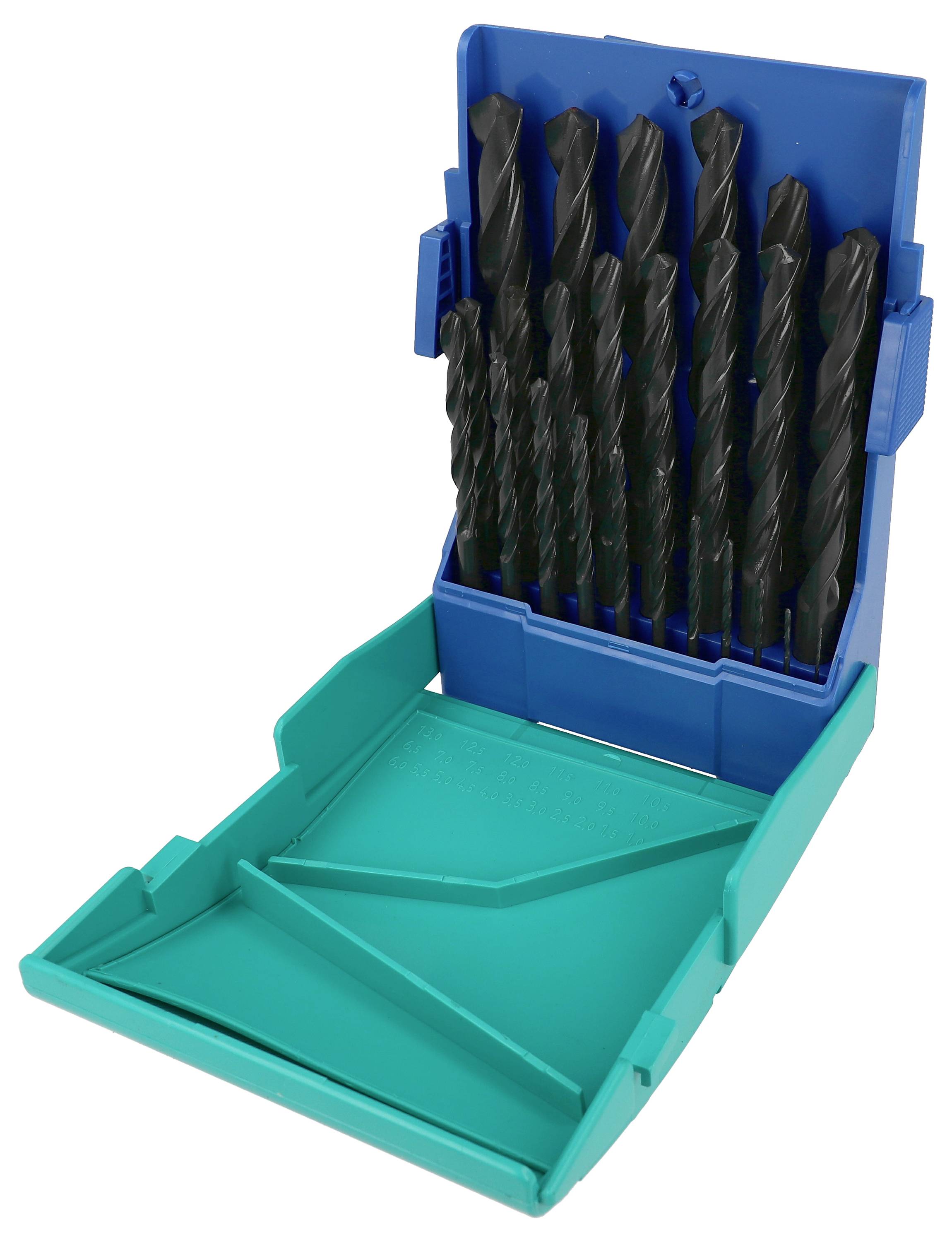 Open blue and teal drill bit case holding multiple black twist drill bits on a white background.